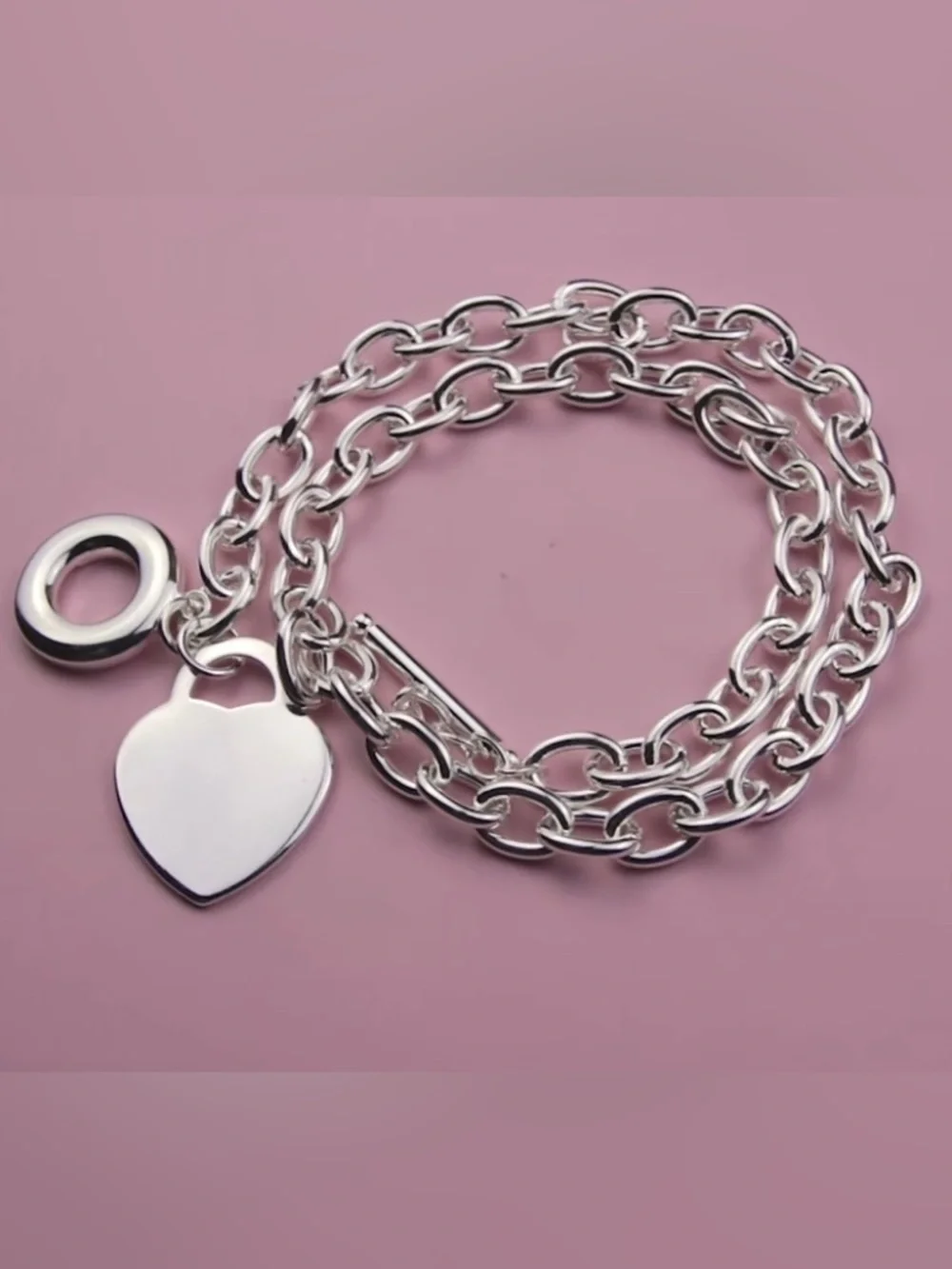 Silver Toggle Chain Necklace - Link Design Heart Charm!